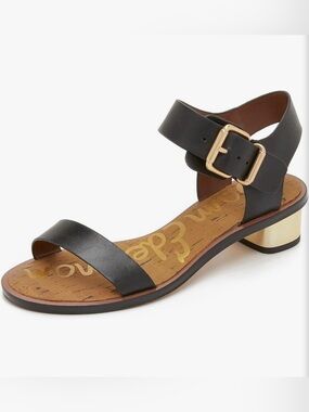 Sam Edelman “Trina” Black Leather Sandals with Gold Heel, Size 7.5